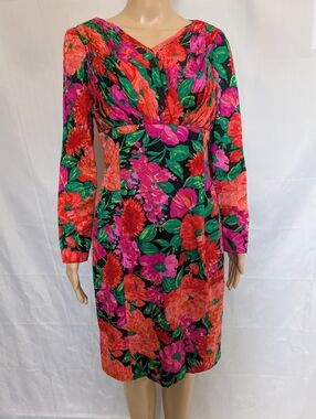 Vintage Gillian 100% Silk Floral Ruched Draped Dress 6 80s Mob Wife Cocktail M